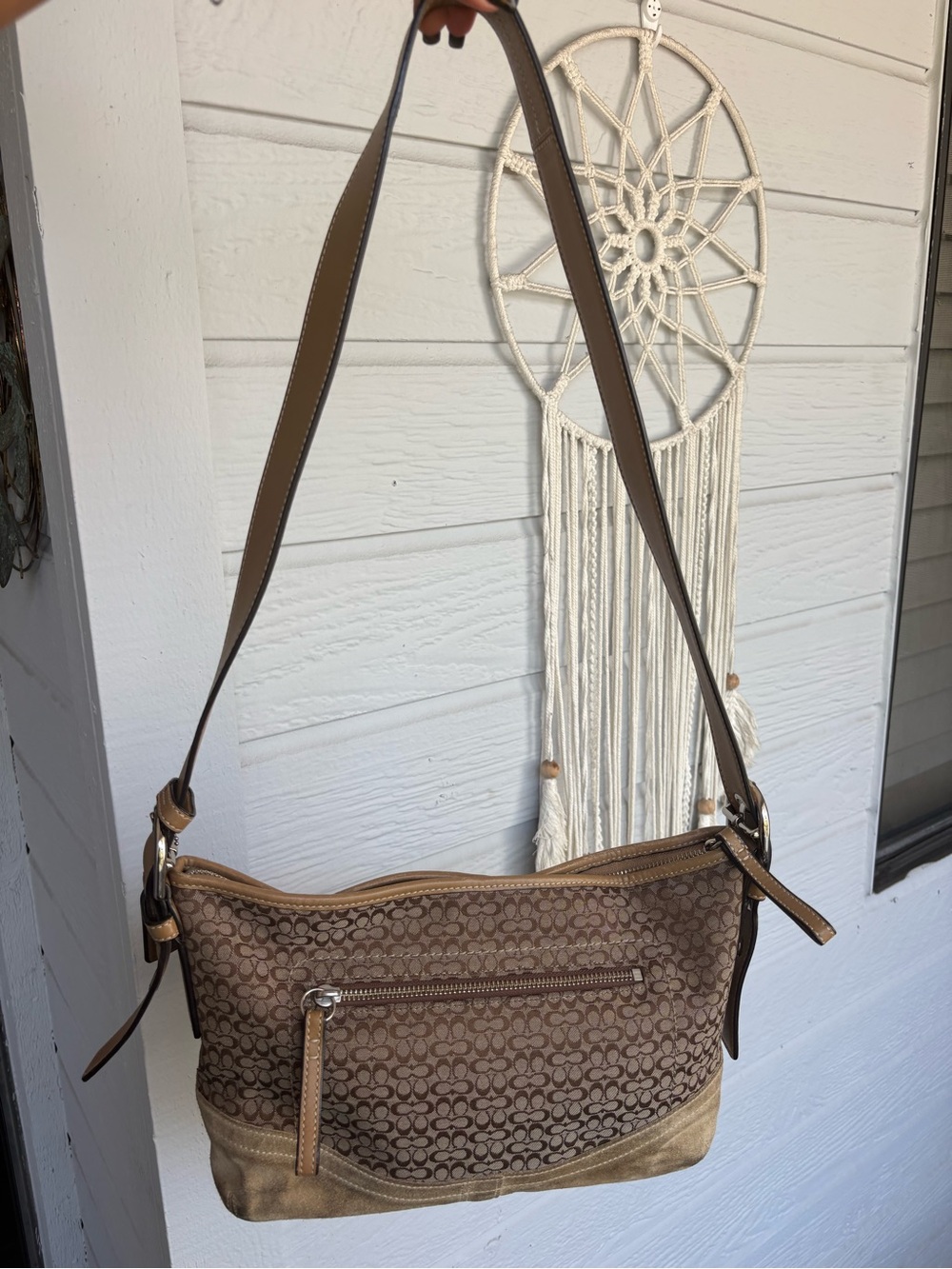 Vintage Y2K Coach Brown Signature Canvas Shoulder Bag with Tan Suede Trim